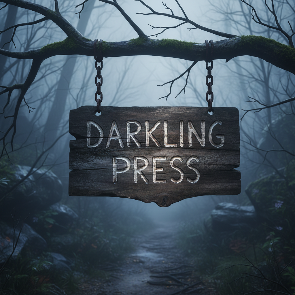 A weathered, hand-carved wooden sign reading “Darkling Press” in chipped, pale lettering, its surface scarred and damp with age, hangs from rusted iron chains on the edge of a fog-laden Appalachian hollow. The sign is framed by tangled, leafless branches and moss-darkened rocks, with a narrow dirt path disappearing into the mist. Dim, overcast twilight creates soft, eerie photographic realism, with cold, bluish light glinting off wet wood and iron. Shot at eye level with a shallow depth of field, the sign is in razor-sharp focus while the forest beyond blurs into a ghostly haze, evoking a sense of foreboding curiosity and quiet, encroaching darkness.