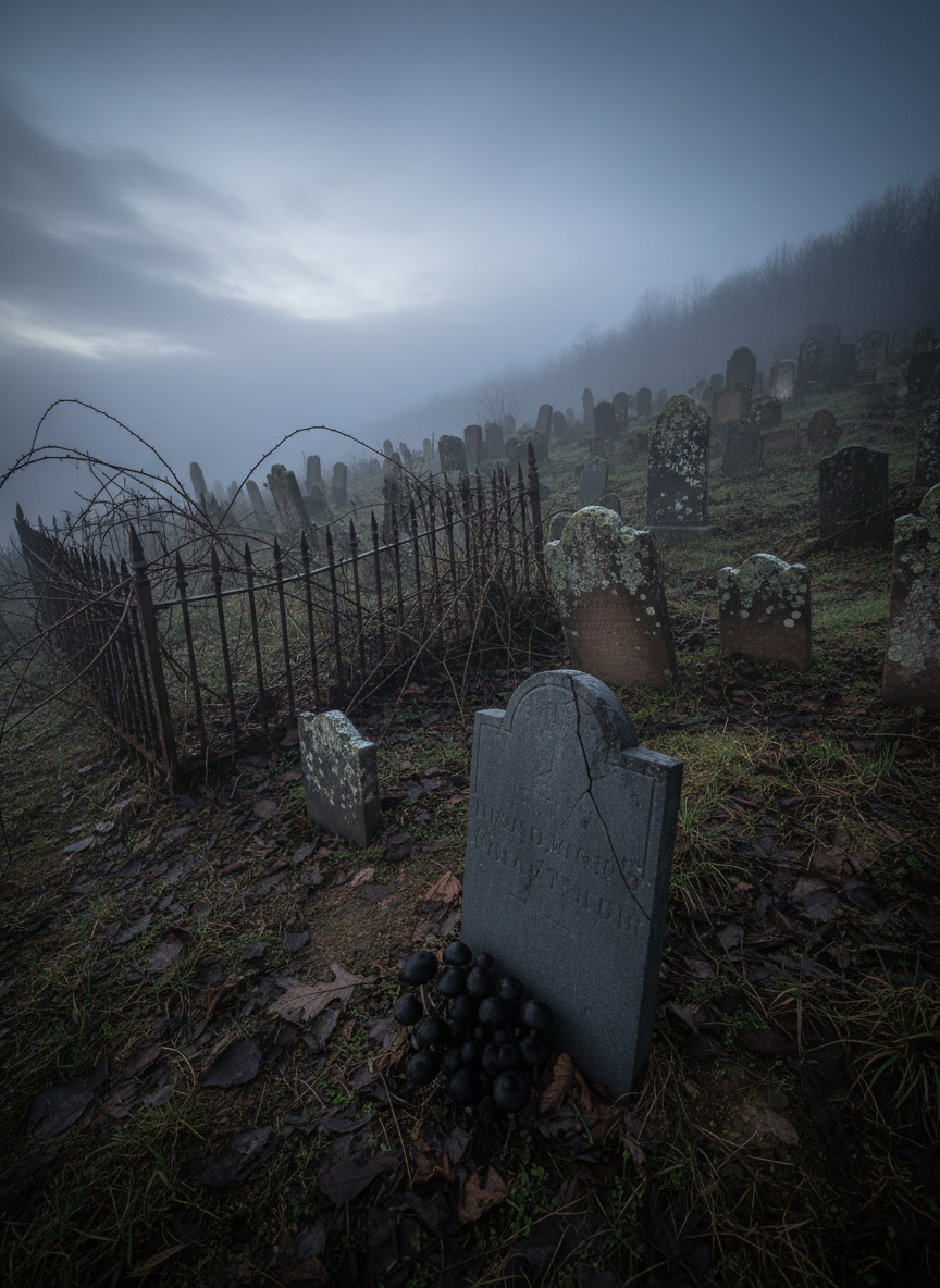 A steep, overgrown Appalachian cemetery clinging to a hillside, the crooked slate and sandstone headstones mottled with lichen and sinking unevenly into the earth. Thick mist pools between the graves, and thorny briars twist along a rusted, partially collapsed iron fence at the edge. In the foreground, a single, cracked headstone bears faint, eroded lettering beside a cluster of black, rain-glossed mushrooms. Photographic realism with early dawn’s dim, color-drained light barely seeping through a heavy cloud cover, creating long, soft shadows and a somber, oppressive quiet. Captured from a low angle up the slope, the composition layers headstones into the distance, suggesting generations of forgotten stories buried beneath the mountain soil.