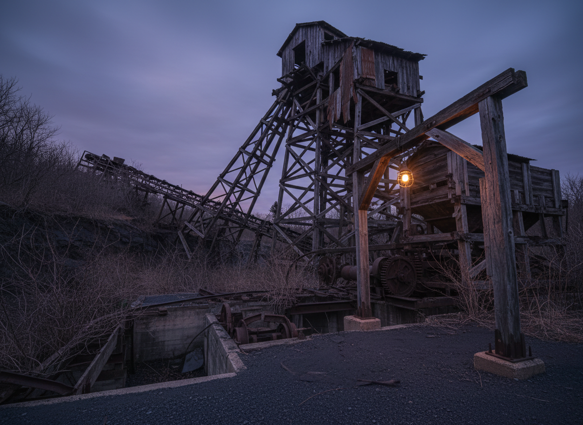 An abandoned Appalachian coal tipple looms against a bruised evening sky, its skeletal wooden structure leaning and splintered, conveyors sagging over a ravine choked with scrub and rusted machinery. Broken corrugated metal clings in jagged sheets, rattling in a ghostly breeze. The ground below is blackened with fine coal dust that swirls faintly in the air. A single bare bulb dangles from a beam near a loading bay, casting a weak, yellow glow that barely pushes back the encroaching blue twilight. Photographic realism with strong contrast between the bulb’s warm halo and the cold ambient light. Shot from a low, wide-angle perspective, the tipple towers overhead, creating an imposing, haunted-industrial mood steeped in Dark Appalachia.