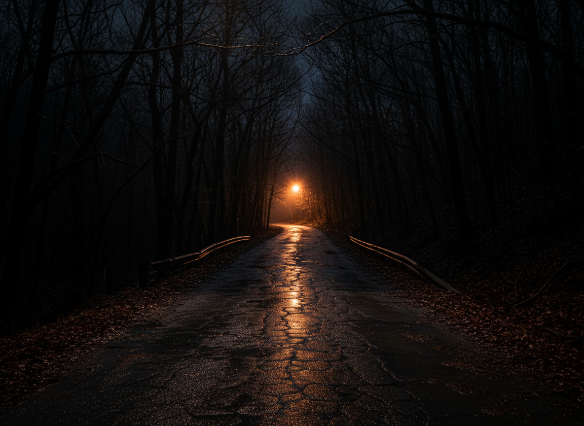 A narrow Appalachian backroad at night, its cracked asphalt glistening from recent rain, vanishing into a dense tunnel of overhanging trees whose branches knit together like a ribcage. The only illumination comes from a distant, flickering sodium-vapor streetlight far down the curve, casting a sickly orange stain into the heavy darkness. Wet leaves crowd the ditches, and a collapse-prone wooden guardrail leans precariously over a black ravine. Photographic realism with long-exposure subtlety, emphasizing reflections in puddles and the eerie glow at the road’s vanishing point. Captured from a low, centered angle, the composition pulls the viewer forward into the unknown, evoking dread, isolation, and a magnetic pull toward whatever waits beyond the bend.