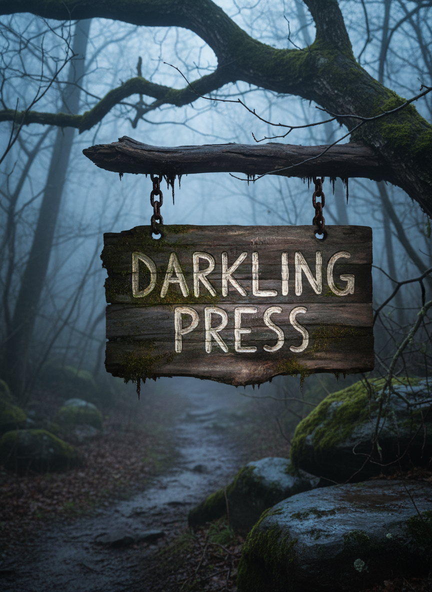 A weathered, hand-carved wooden sign reading “Darkling Press” in chipped, pale lettering, its surface scarred and damp with age, hangs from rusted iron chains on the edge of a fog-laden Appalachian hollow. The sign is framed by tangled, leafless branches and moss-darkened rocks, with a narrow dirt path disappearing into the mist. Dim, overcast twilight creates soft, eerie photographic realism, with cold, bluish light glinting off wet wood and iron. Shot at eye level with a shallow depth of field, the sign is in razor-sharp focus while the forest beyond blurs into a ghostly haze, evoking a sense of foreboding curiosity and quiet, encroaching darkness.