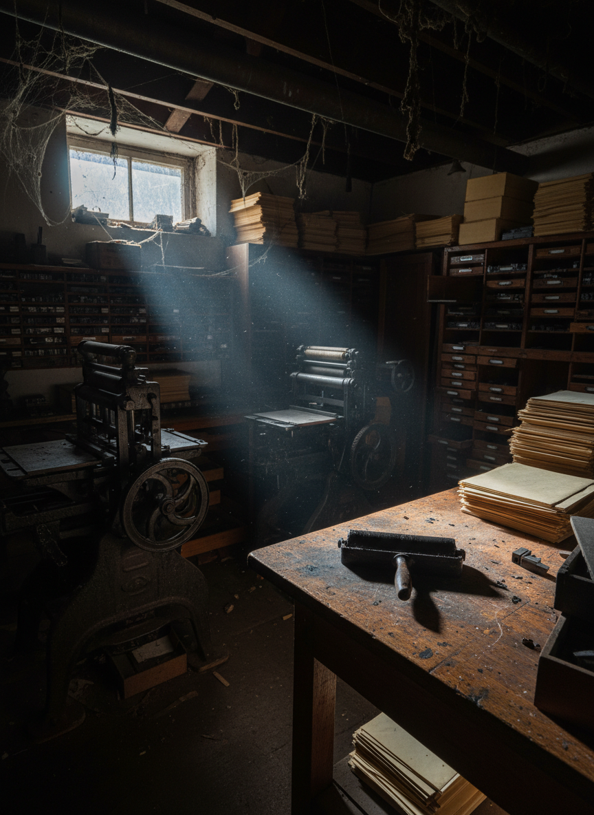 A cluttered, dimly lit letterpress workshop buried in an Appalachian cellar, filled with hulking cast-iron printing presses stained with ink and age. Dust motes drift in the scant, cool light filtering through a single grimy basement window, casting narrow beams across rows of wooden type drawers, stacks of yellowed paper, and coils of cobwebs in the rafters. An ink roller rests on a stained oak workbench, glistening with fresh, almost black ink. Photographic realism with dramatic side lighting heightens contrasts between illuminated dust and deep shadows. Shot from a slightly elevated angle with a moderate depth of field, the composition centers on the workbench, suggesting forbidden stories being pressed into existence below the world’s notice.