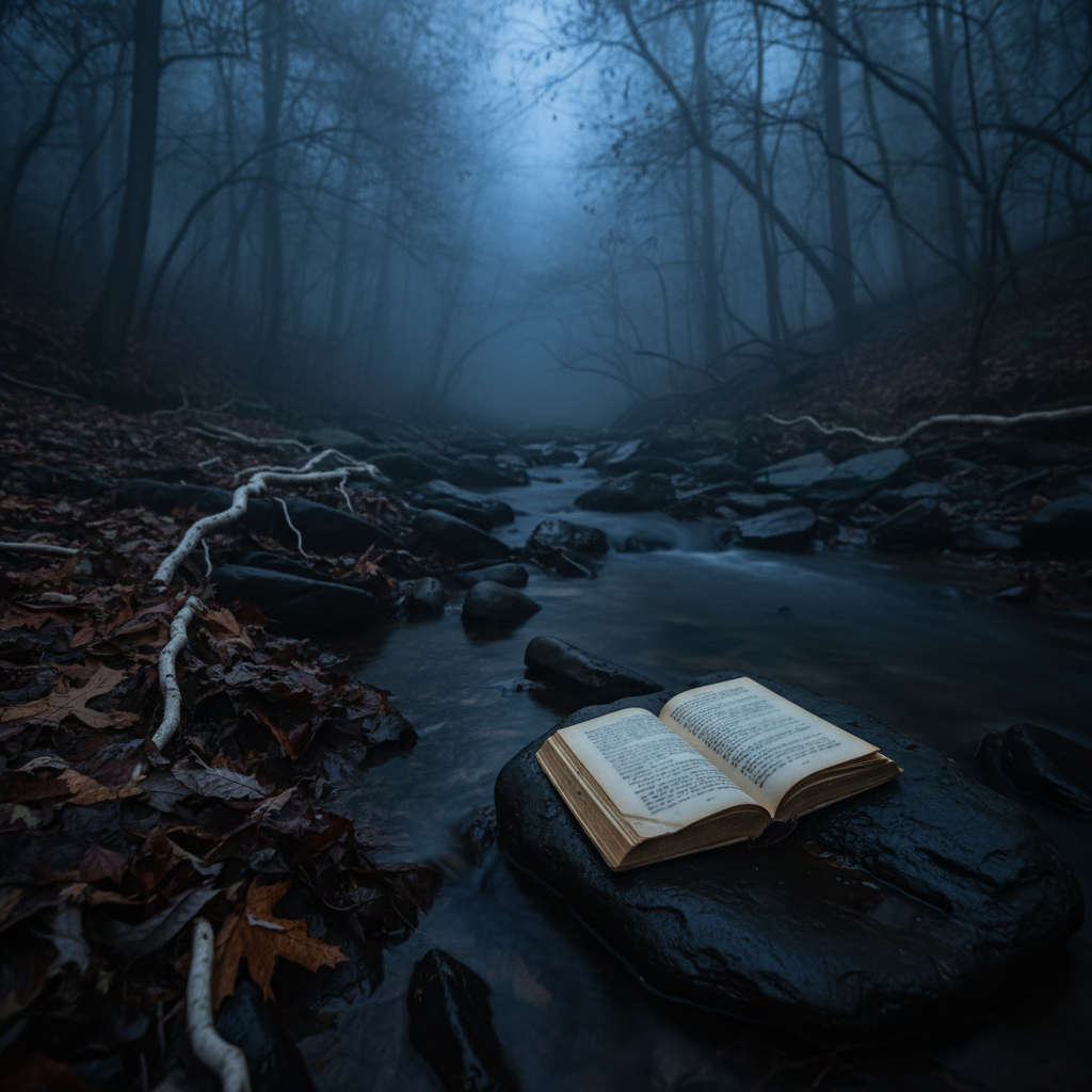 A narrow Appalachian creek at night, its dark water winding between slick, coal-black stones, reflecting slivers of moonlight that struggle through a low, oppressive fog. Rotting leaves cling to the banks, and pale, twisted roots jut like skeletal fingers into the stream. On one stone rests an open, water-stained book whose pages are covered in blurred, inky text, edges beginning to soak and curl. Photographic realism in cold, bluish moonlight, with selective focus on the book and the nearest stones while the background dissolves into obscurity. Shot from a low, close angle, the composition feels intimate yet unsettling, capturing the sense of stories left out in the dark to decay and transform.