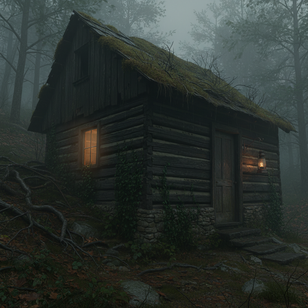 An old, sunken Appalachian cabin of blackened, weatherworn logs half-swallowed by a hillside, its roof sagging under layers of damp moss and rotting leaves. One narrow window glows faintly with a sickly amber light, barely piercing the heavy mountain fog coiling around it. Gnarled roots crawl over the stone foundation, and a rusted lantern hangs crooked on a nail beside the door. Photographic realism with moody, diffused dusk lighting, emphasizing wet textures and deep shadows. Captured from a low, three-quarter angle, the composition leads the eye toward the dim window, surrounded by dense, shadowy forest, creating a claustrophobic yet magnetic atmosphere of secret stories and buried horrors.